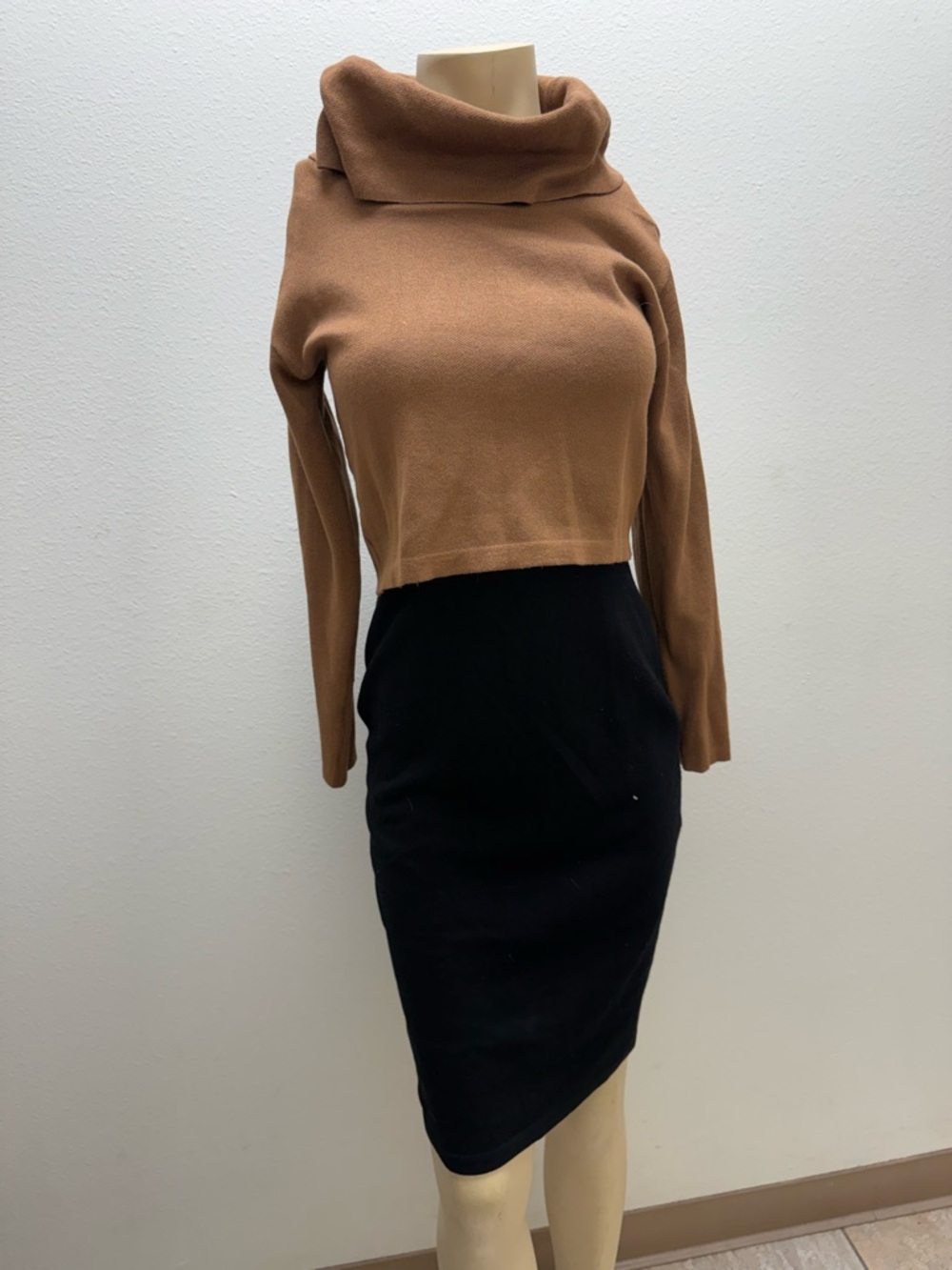 Taylor Swift Tan Cropped Cowl Sweater with Black Pencil Skirt